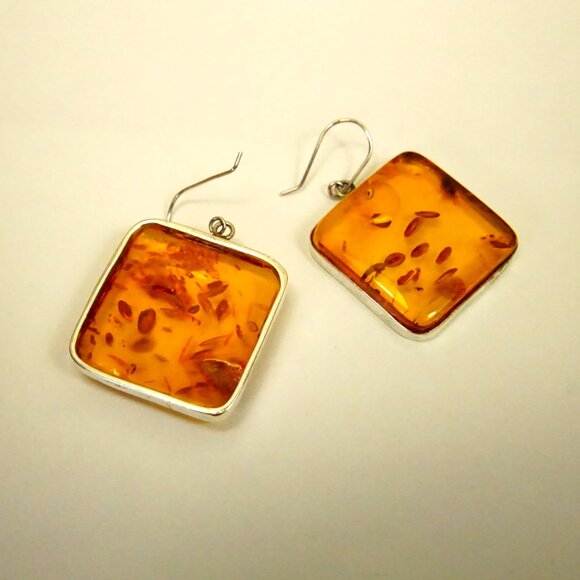 Huge Square Amber Dangle Earrings - Amber And 925 Silver - Rare Gift For Her - Picture 6 of 11